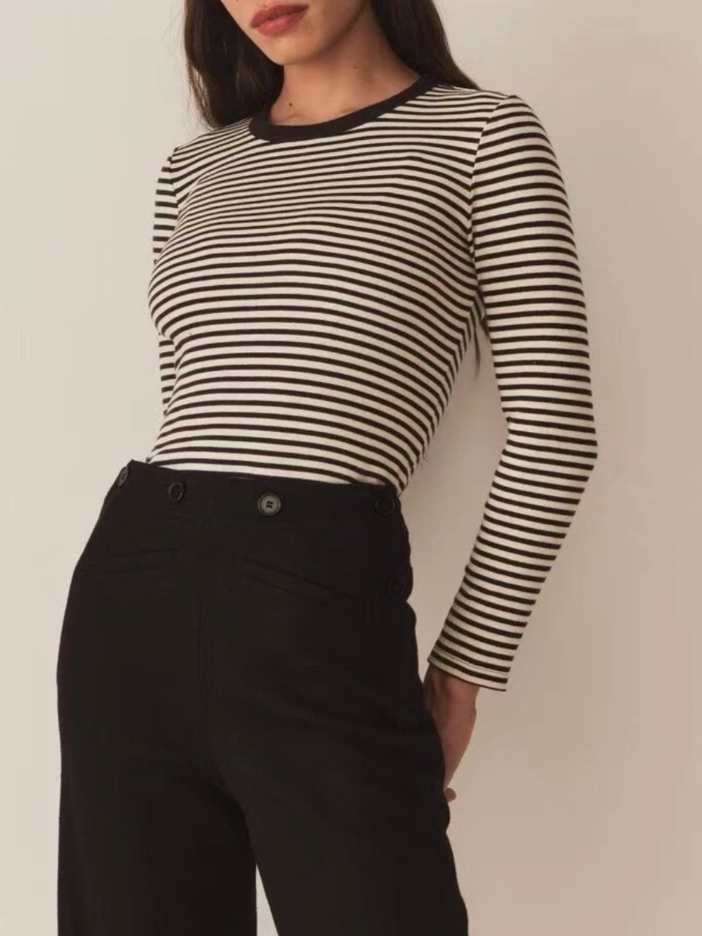 Doen Black and White Striped Long Sleeve Top